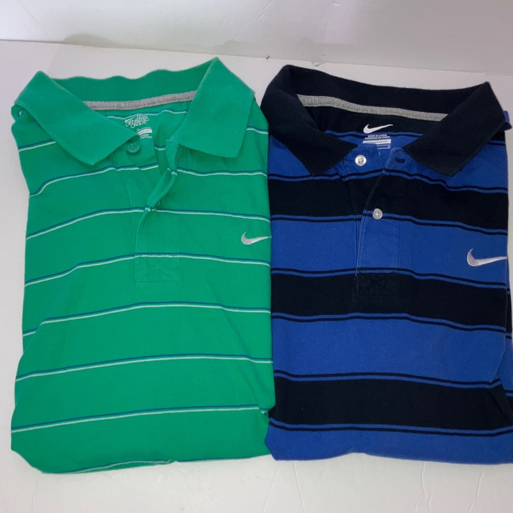 Nike Men's Green and Blue Striped Polo Shirts